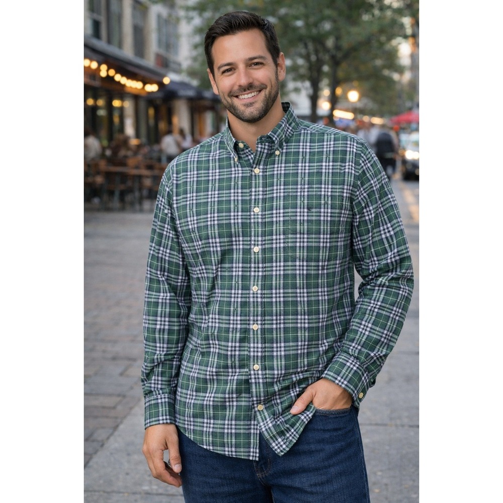 Beretta Mens XL Green Plaid Long Sleeve Button Down Cotton Shirt Italy Design